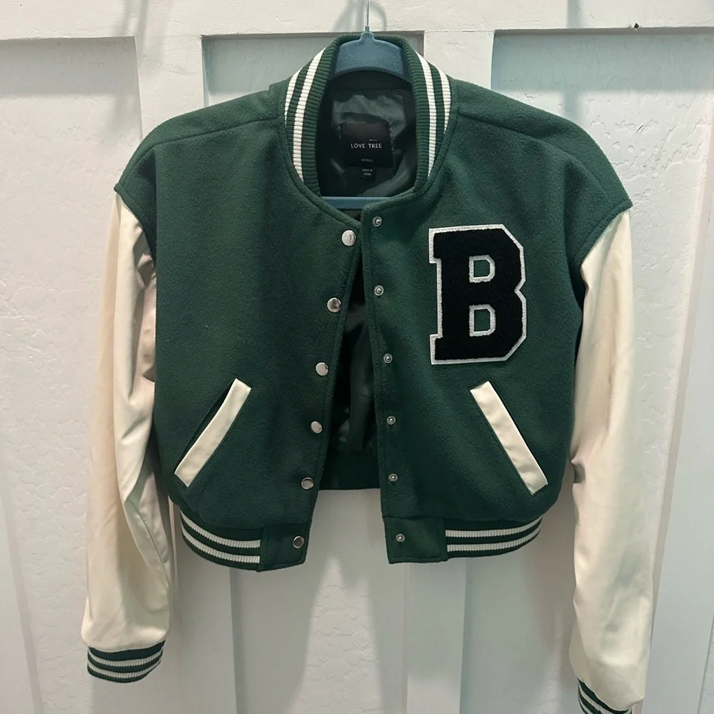 Love Tree Forest Green and Cream Varsity Jacket - Picture 5 of 10